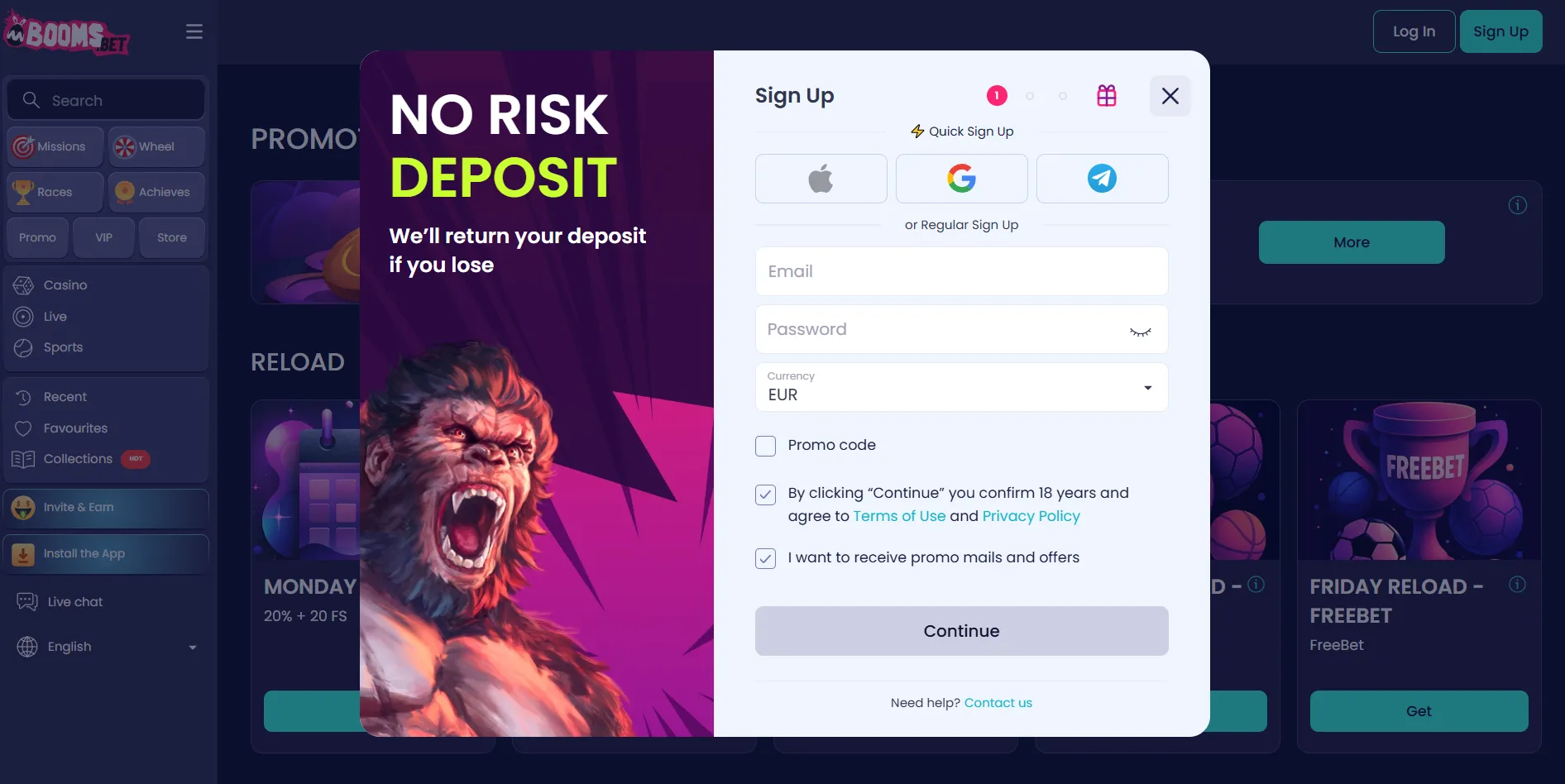 Booms Bet login register — registratieformulier voor nieuwe spelers